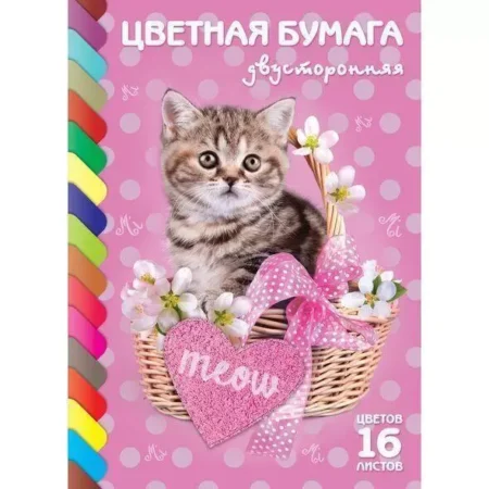 Бумага цветная «ECO. Котик», А4, 16 листов, 16 цветов