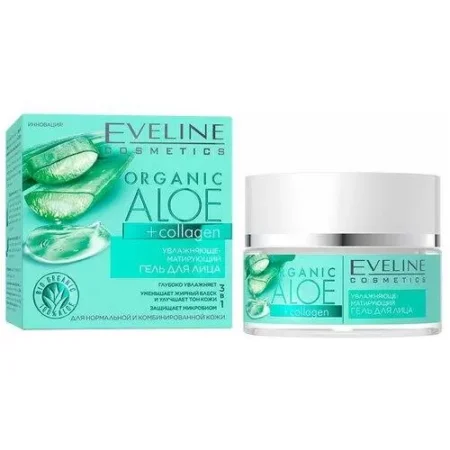 Гель для лица EVELINE Organic Aloe+Collagen увлажн-матирующий, для норм и комб кожи, 50 мл