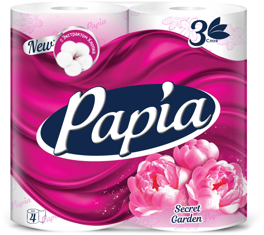 Туалетная бумага PAPIA Секретный сад 3 слоя, 4 рулона