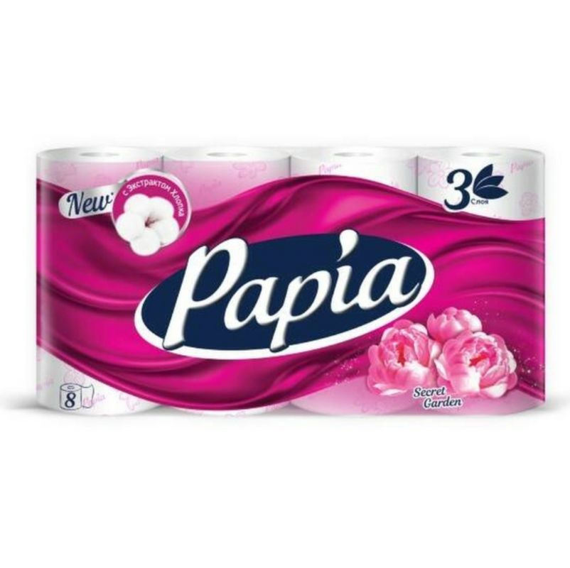 Туалетная бумага PAPIA Секретный сад 3 слоя, 8 рулонов